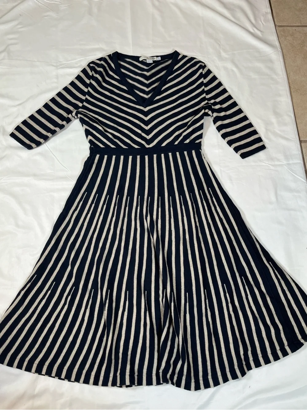 boden a line dress Boden Navy White Striped Knit Wool Blend Midi A-Line Dress Size 6R